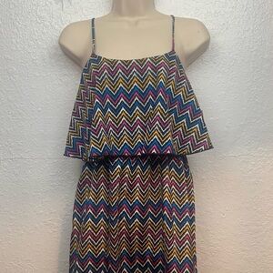 Espresso Spaghetti Strap Multi Color Chevron Ruffle Top Mini‎ Summer Dress Small